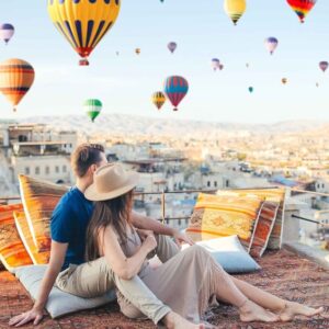 Hot air balloons over Cappadocia at sunrise